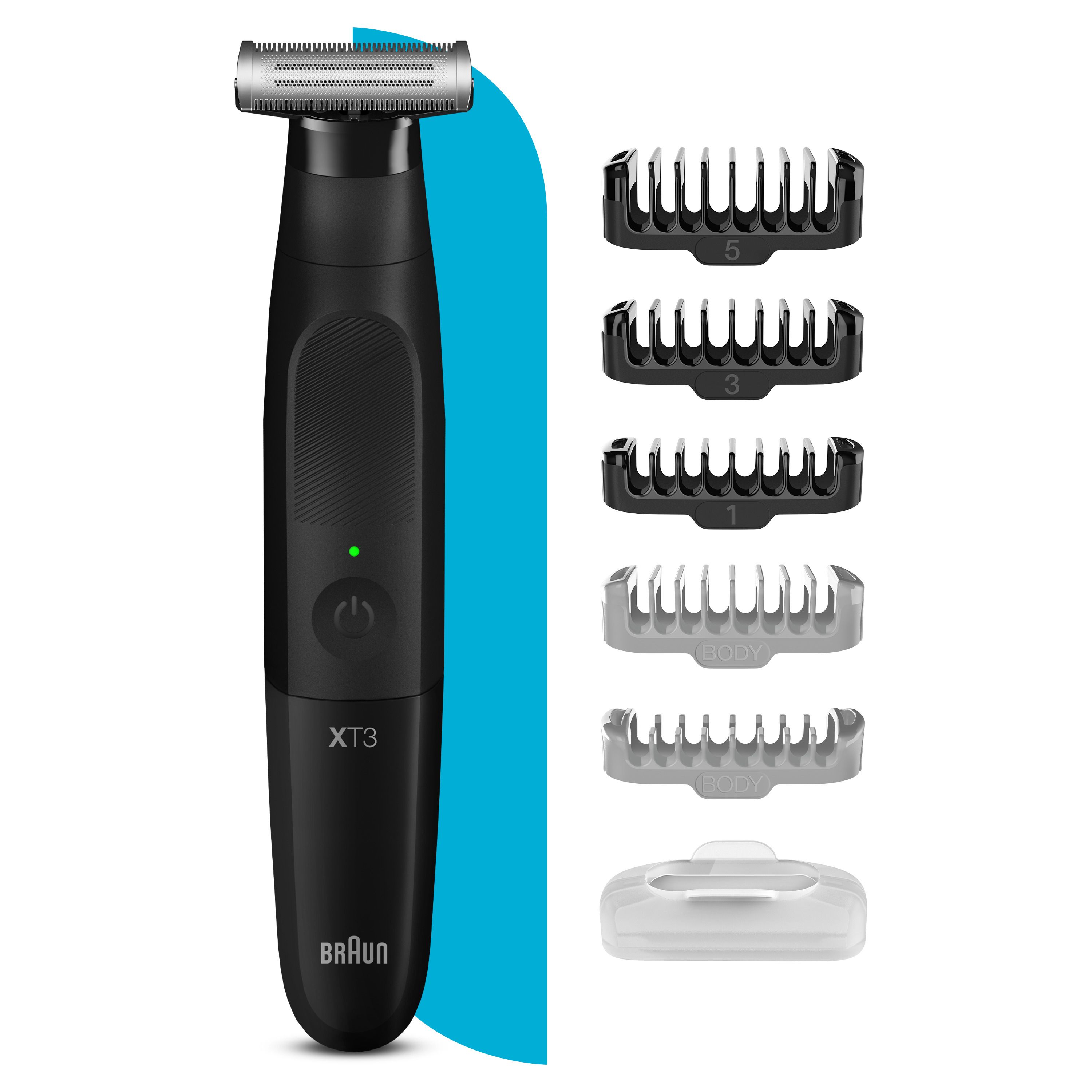 Schwarzer Braun XT3 Trimmer mit Aufsätzen und Schutzhülle. Enthält eine grüne Betriebsanzeige.