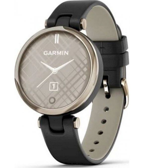 Garmin-Uhr mit schwarzem Lederarmband und grauem Zifferblatt. Das Zifferblatt zeigt das Garmin-Logo, Zeiger und Datumsanzeige.
