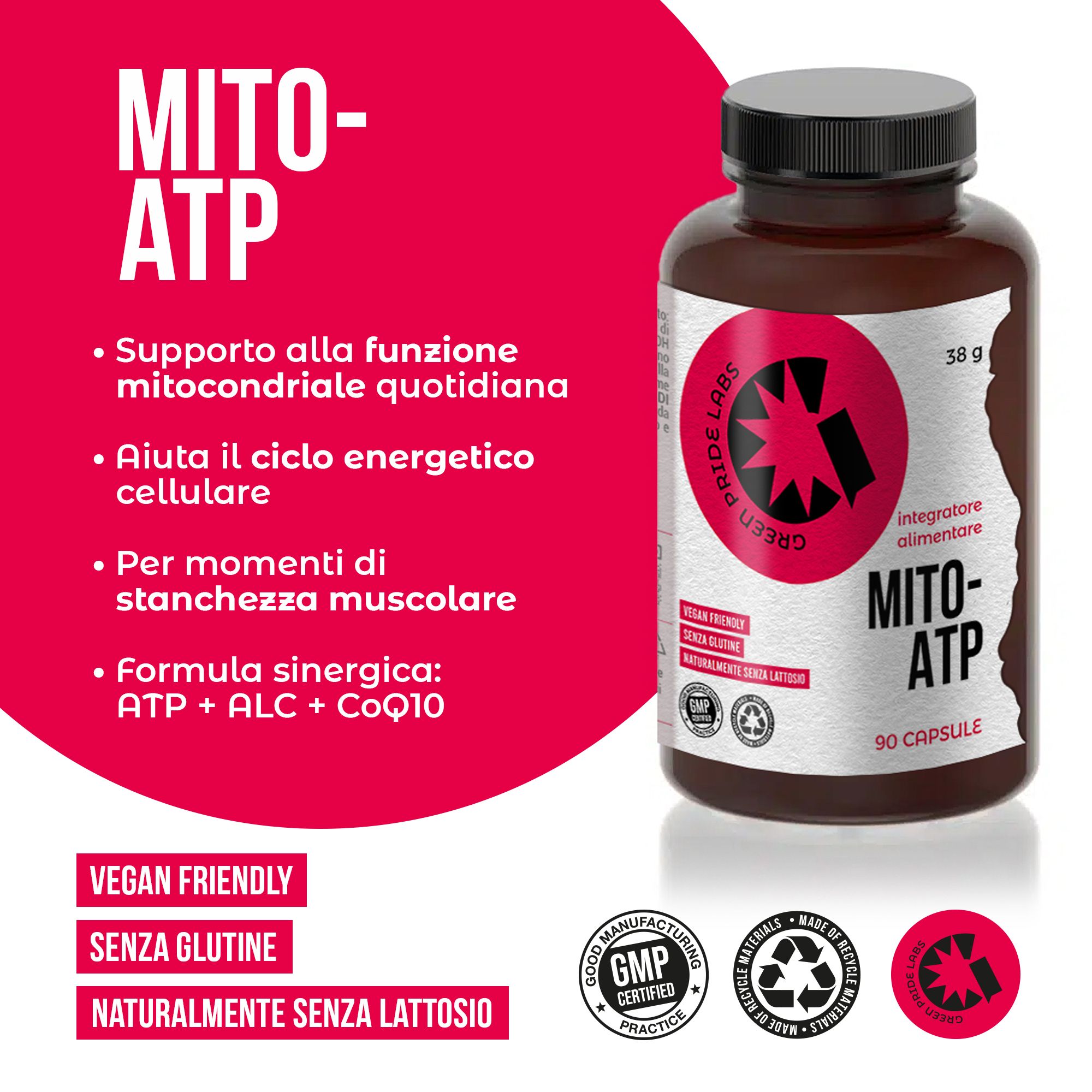Braune Flasche mit Mito-ATP-Kapseln, 90 Stück. Enthält vegane, glutenfreie und laktosefreie Formel.