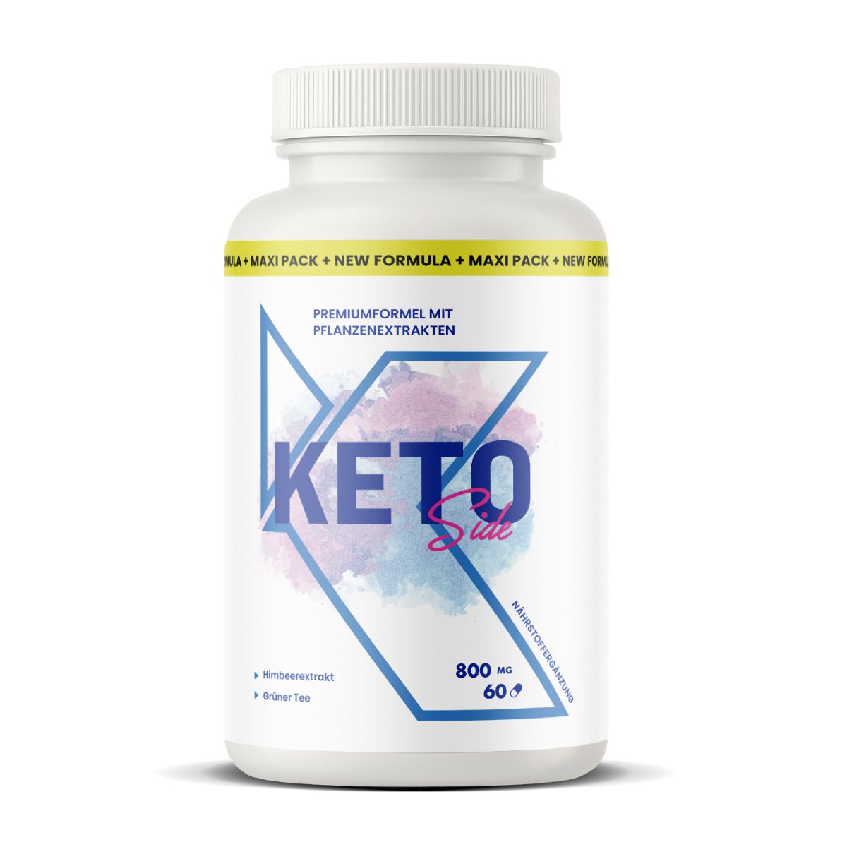 Weiße Flasche mit KETO Side-Etikett. Enthält 60 Kapseln. Aufschrift: Premiumformel mit Pflanzenextrakten. 800 mg.