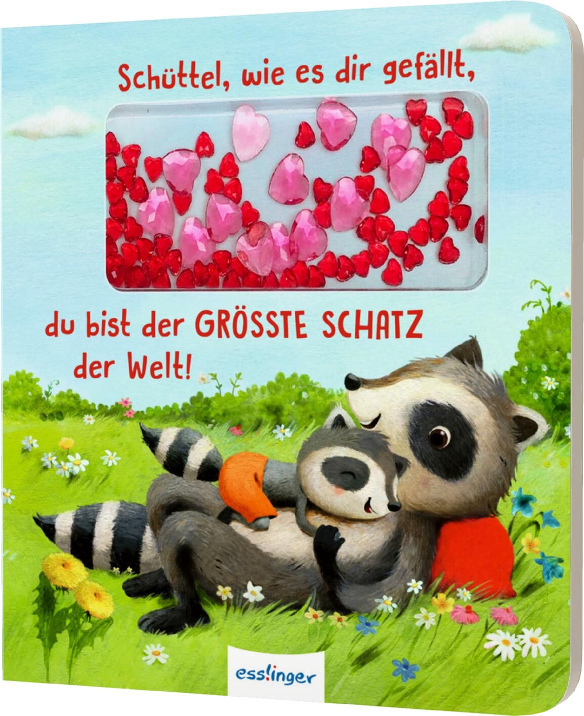 Buch mit Titel "Schüttel, wie es dir gefällt". Fenster mit Herzen. Zwei Waschbären umarmen sich auf einer Wiese.