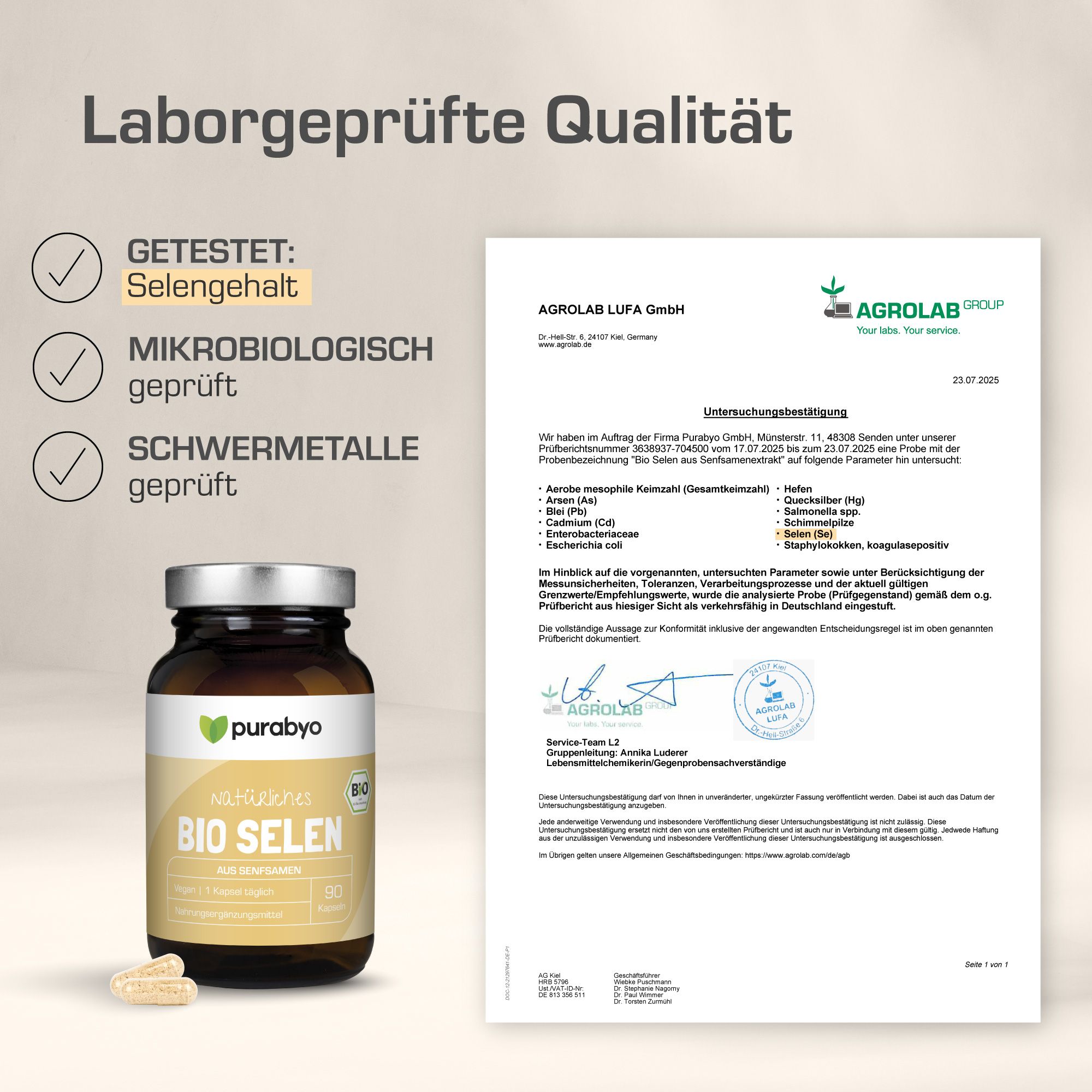 Glasflasche "purabyo Bio Selen" und Kapseln. Laborzertifikate: Getestet, mikrobiologisch geprüft, Schwermetalle geprüft.