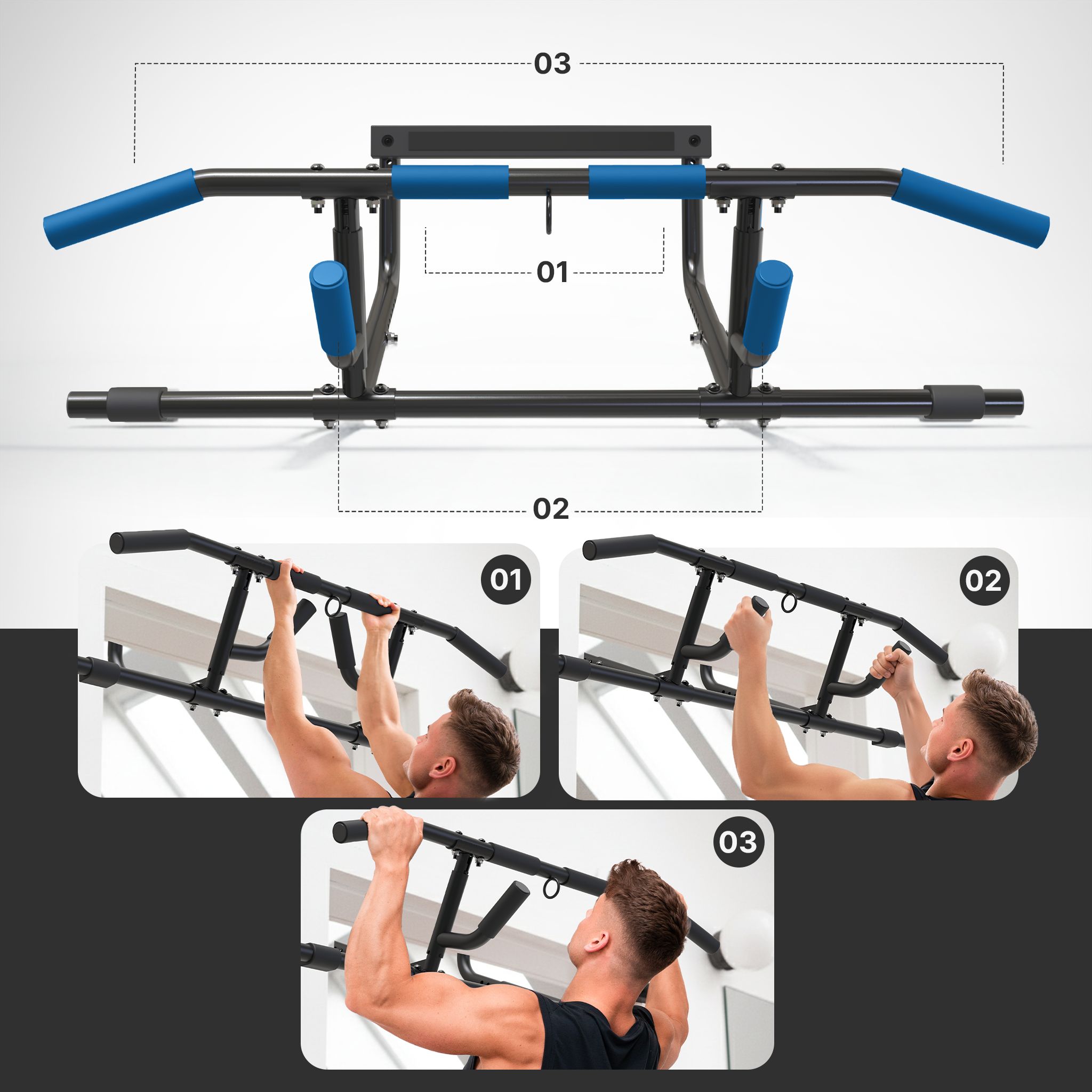 Klimmzugstange mit blauen Griffen. Drei Ansichten: Frontal, mit Person, und in Anwendung. Mit Halterungen und Ring.