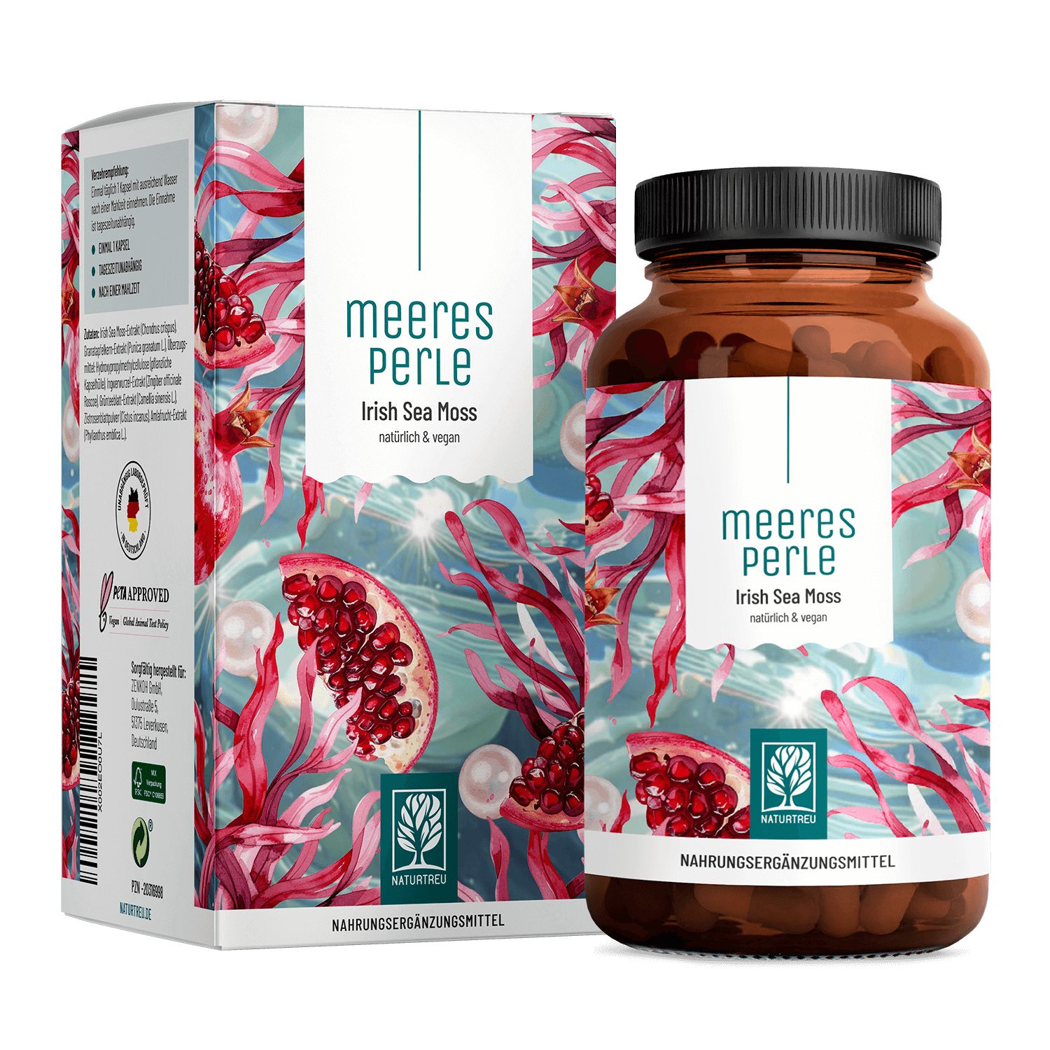 Irish Sea Moss Superfood mit Amla Vitamin C & Granatapfel Meeresperle 120 vegane Kapseln Naturtreu® 95 g