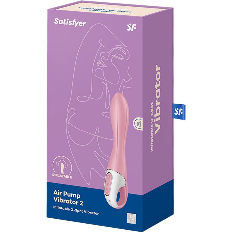 Verpackung von Satisfyer Air Pump Vibrator 2. Rosa Vibrator abgebildet. Text.