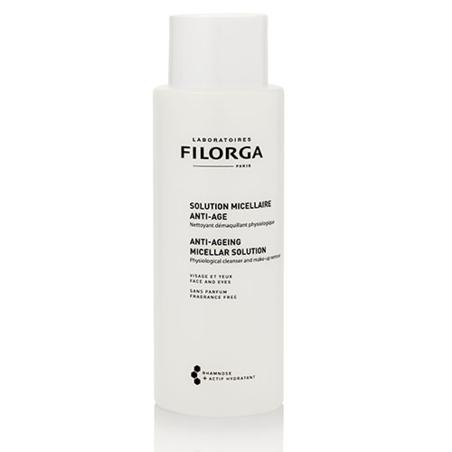 Weisse Flasche mit Filorga-Etikett. Text: Solution Micellaire Anti-Age, Anti-Ageing Micellar Solution. Für Gesicht und Augen, ohne Parfum.