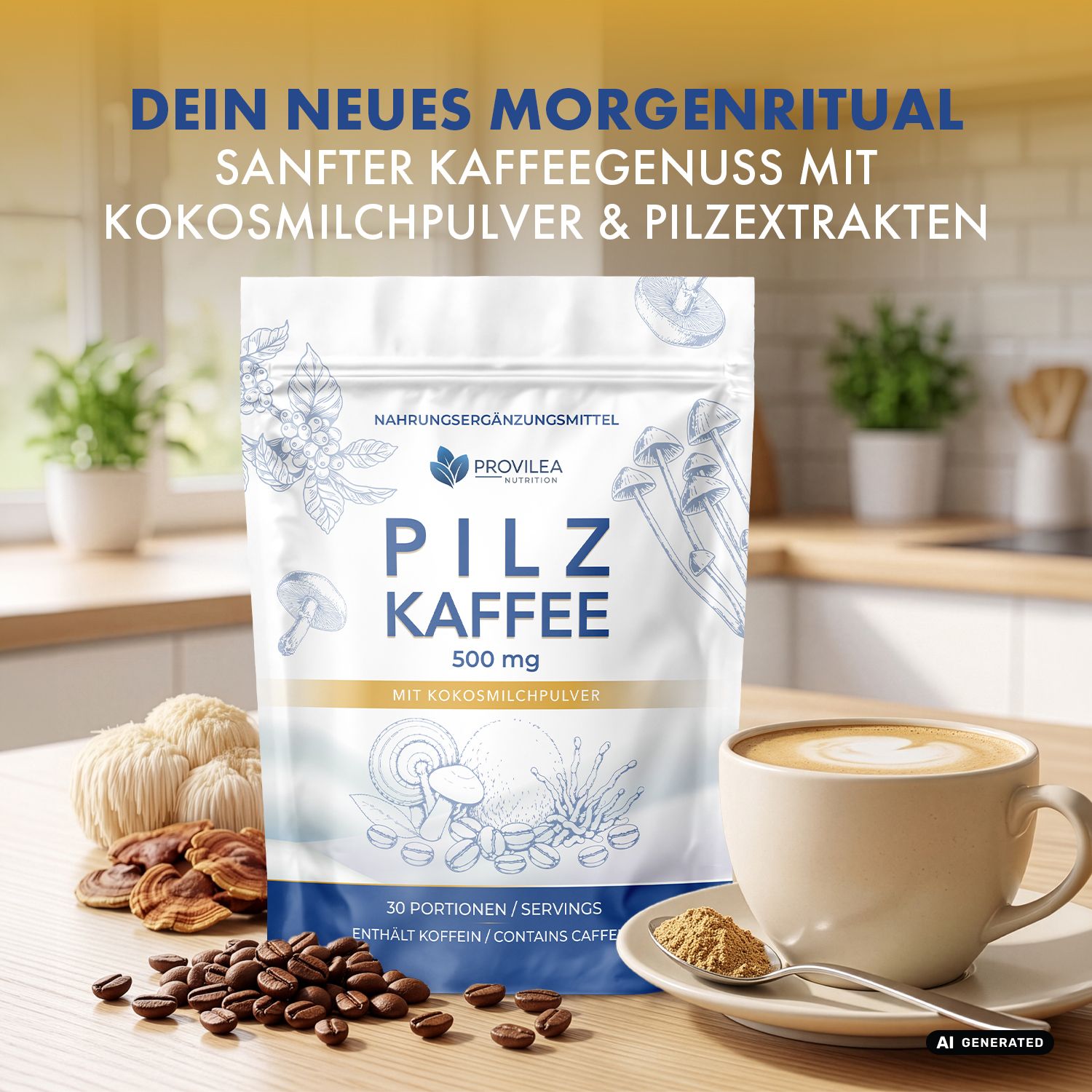 Pilzkaffee-Beutel neben einer Tasse Kaffee, Kaffeebohnen und Pilzextrakten.