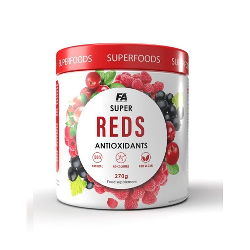 Runde Dose mit rotem Deckel. Aufschrift: Super Reds Antioxidants. Abbildung von roten Früchten. 270g. Für Veganer.