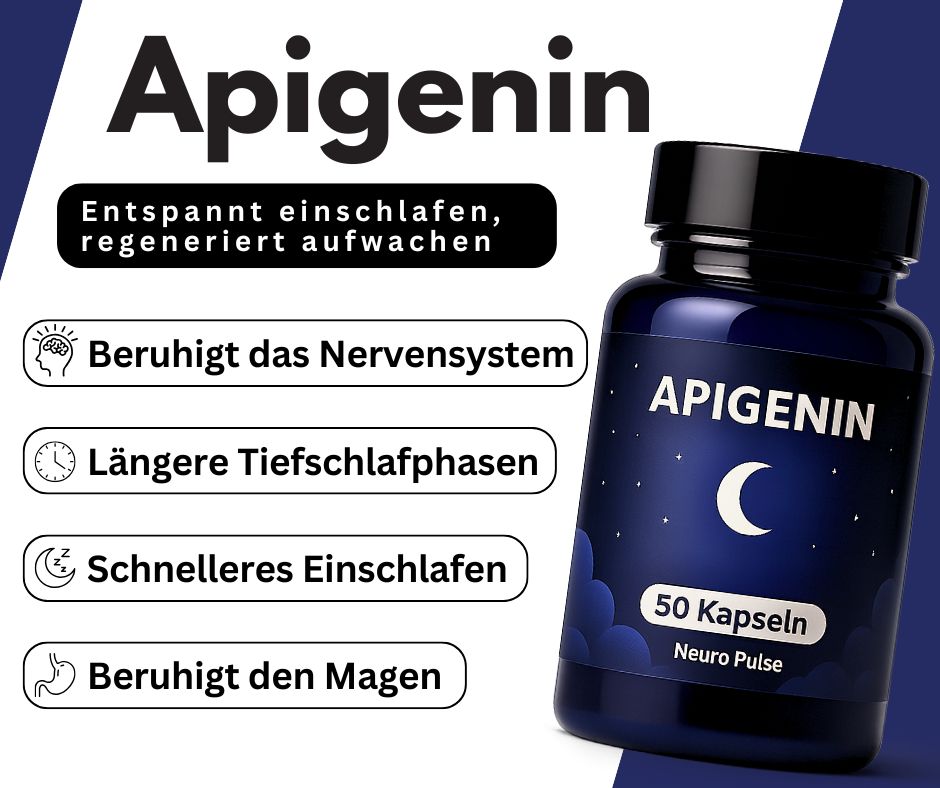 Blaue Flasche mit APIGENIN. Text: Beruhigt das Nervensystem, längere Tiefschlafphasen, schnelleres Einschlafen, beruhigt den Magen.