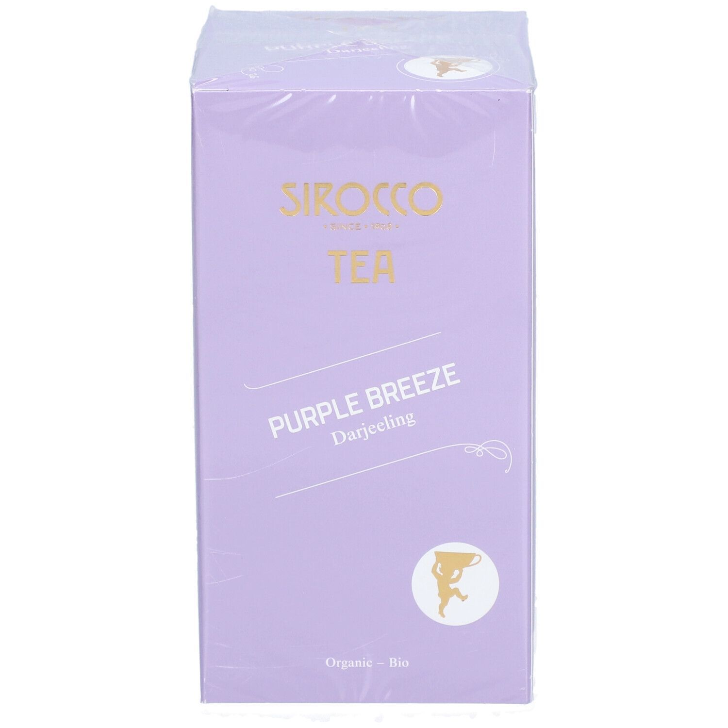 Lila Teebox mit "Sirocco Tea Purple Breeze Darjeeling". Verpackung mit Siegel.