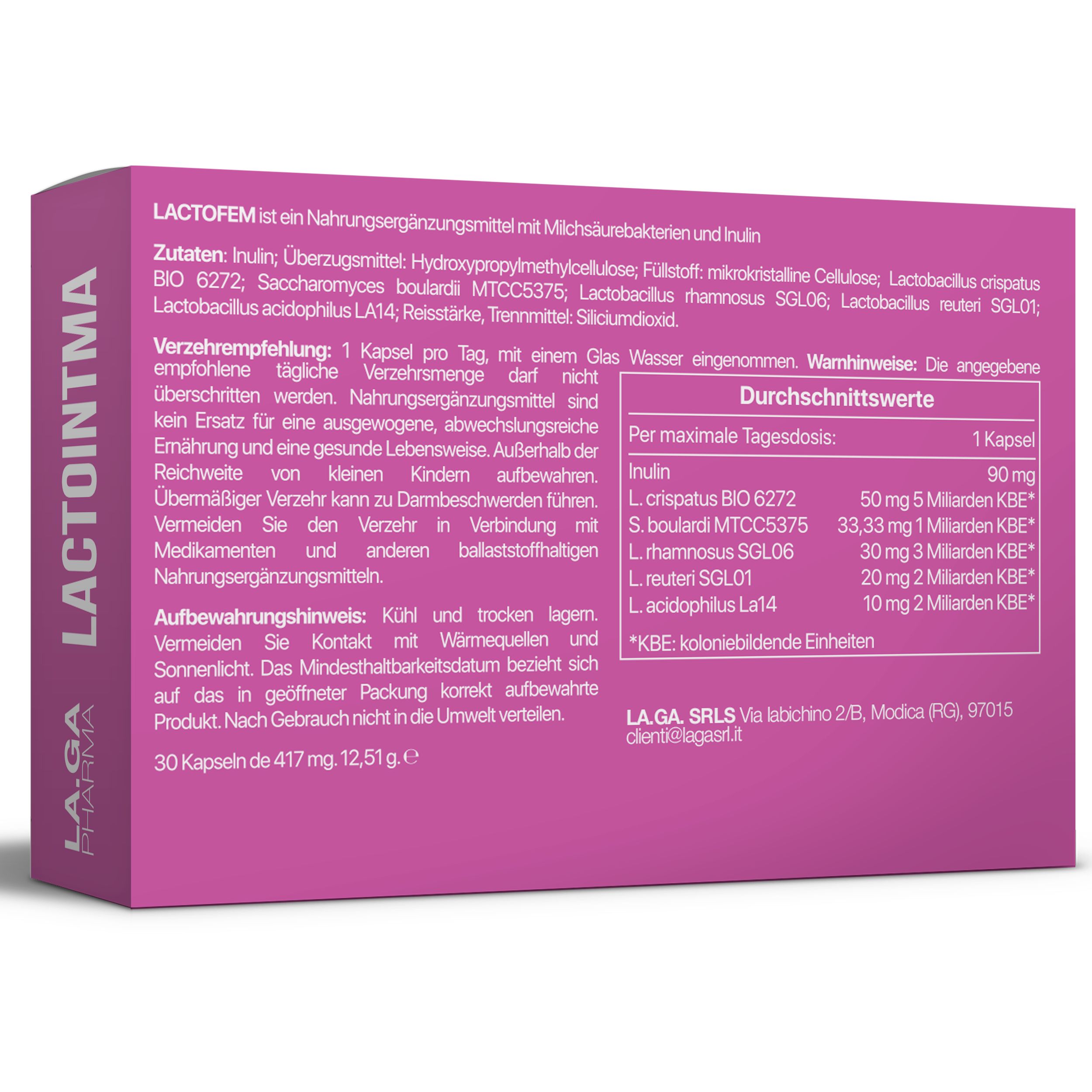 Verpackung von LactoIntima® Probiotika. Enthält Informationen zu Inhaltsstoffen, Dosierung und Hersteller.