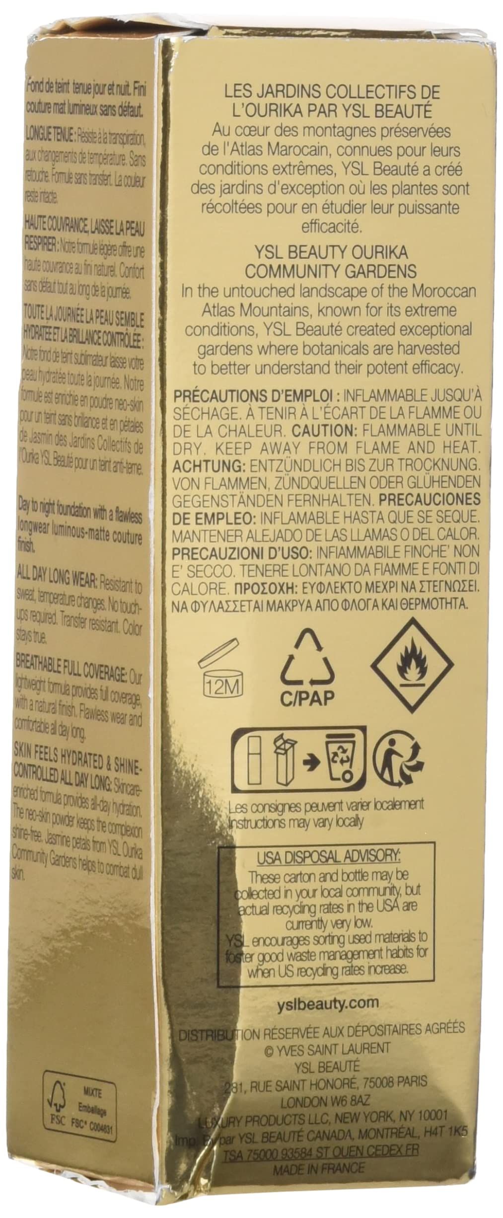 Verpackung Yves Saint Laurent Foundation. Goldfarbener Karton mit Text und Logos. Informationen zu Inhaltsstoffen und Nutzung.