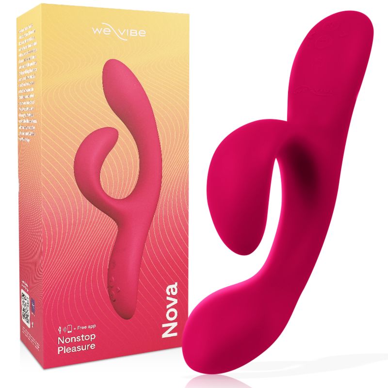 Rosa Vibrator mit Verpackung. Verpackung mit Logo und Produktnamen. Vibrator mit geschwungener Form.