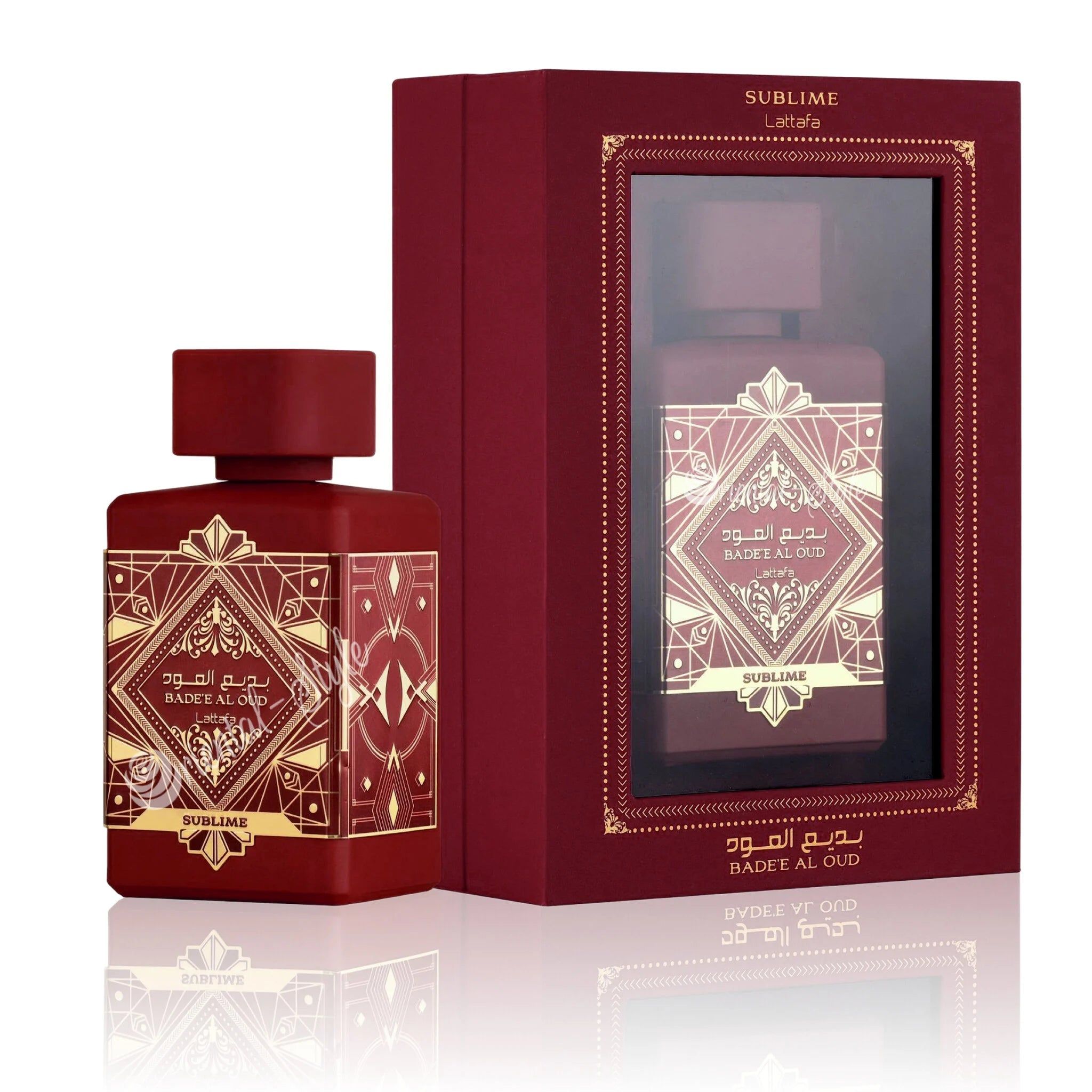 Roter Flakon mit goldfarbenen Verzierungen und roter Verpackung. Aufschrift: Badee Al Oud Sublime.