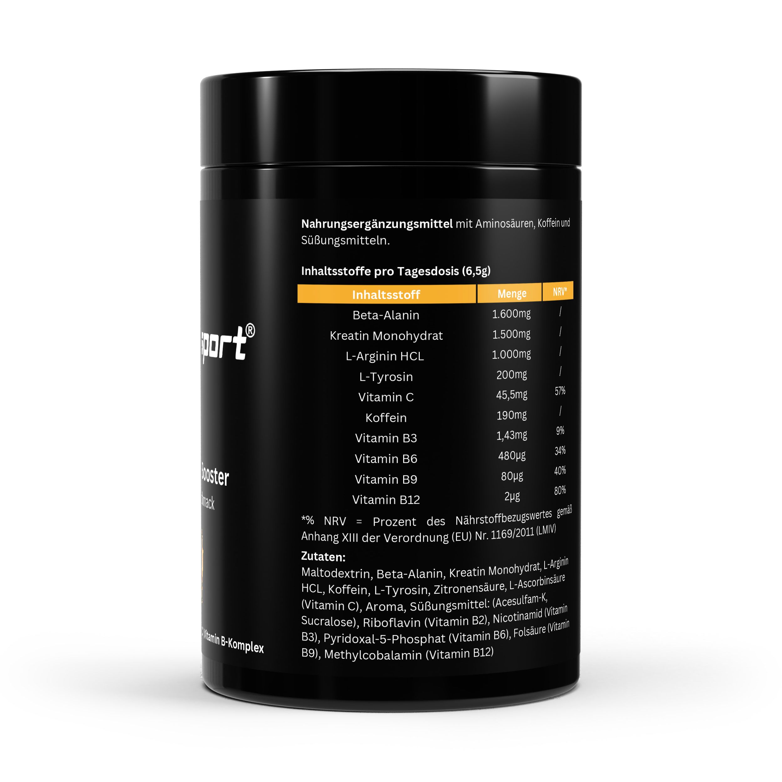 Rückseite der schwarzen Dose. Auflistung der Inhaltsstoffe pro Tagesdosis. Enthält Beta-Alanin, Kreatin, L-Arginin, Vitamin C, Koffein, Vitamine B3, B6, B9, B12.