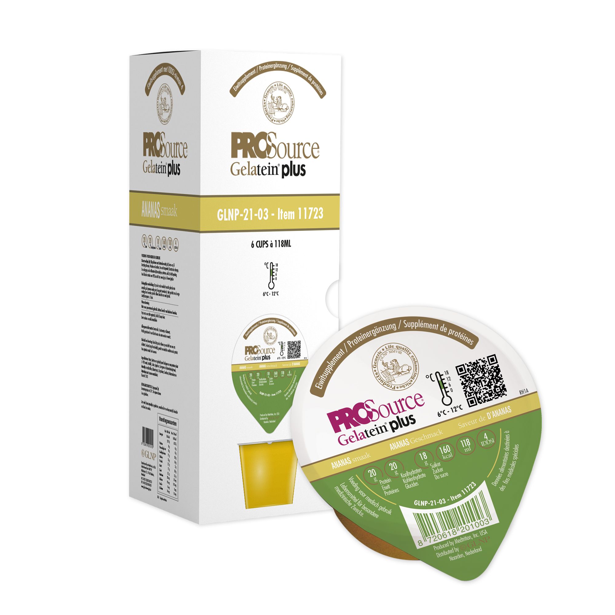 PROSource Gelatein Plus, Mangogeschmack. Becher und Verpackung mit Produktinformationen. 6 Becher.