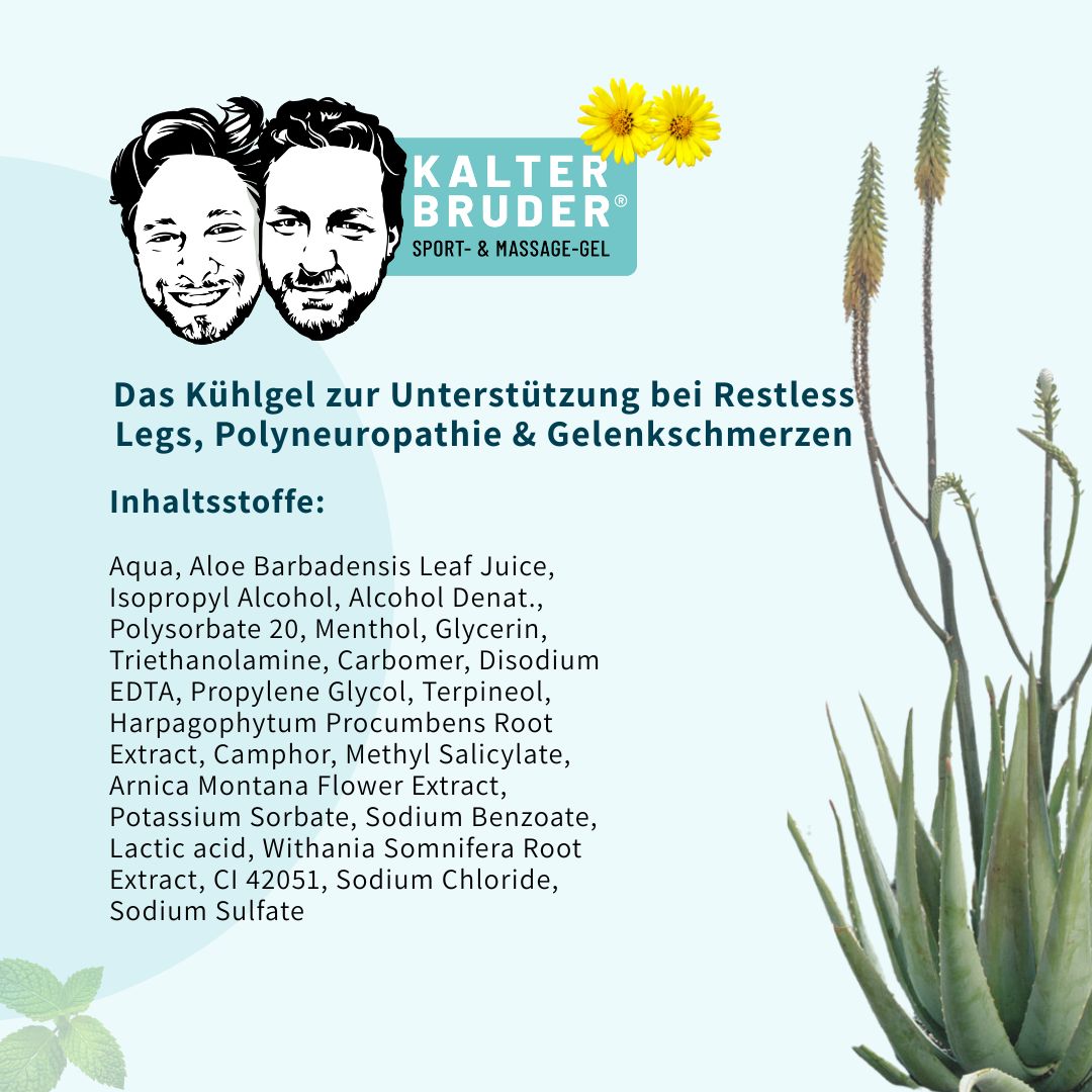 Kalter Bruder Sport & Massage-Gel. Zwei Gesichter. Text: Kühlgel bei Restless Legs, Polyneuropathie & Gelenkschmerzen. Inhaltsstoffe.