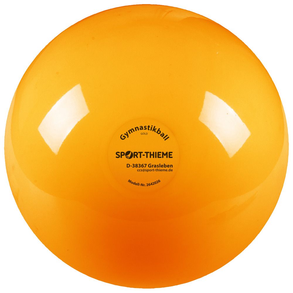Orangener Gymnastikball mit Logo. Aufdruck: SPORT-THIEME, D-38367 Grasleben. Modell-Nr. 2642036.