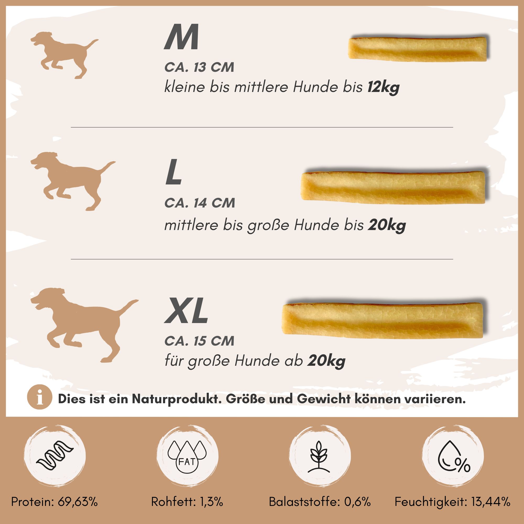 Drei Kausnacks, Größen M (13 cm), L (14 cm), XL (15 cm). Text: Für kleine bis große Hunde. Naturprodukt. Größen und Gewicht können variieren. Nährwertangaben.