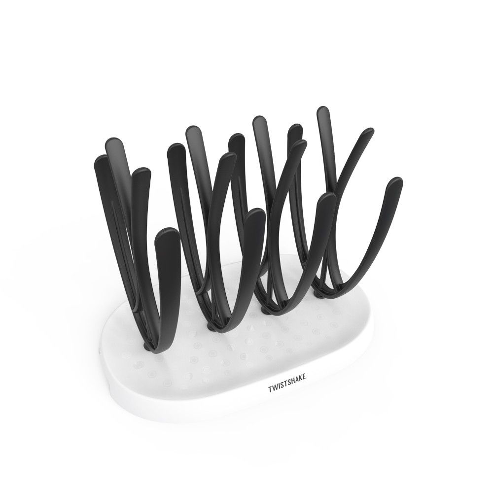 Trockengestell mit schwarzem Gestell und weißer Basis. Aufschrift: Twistshake.