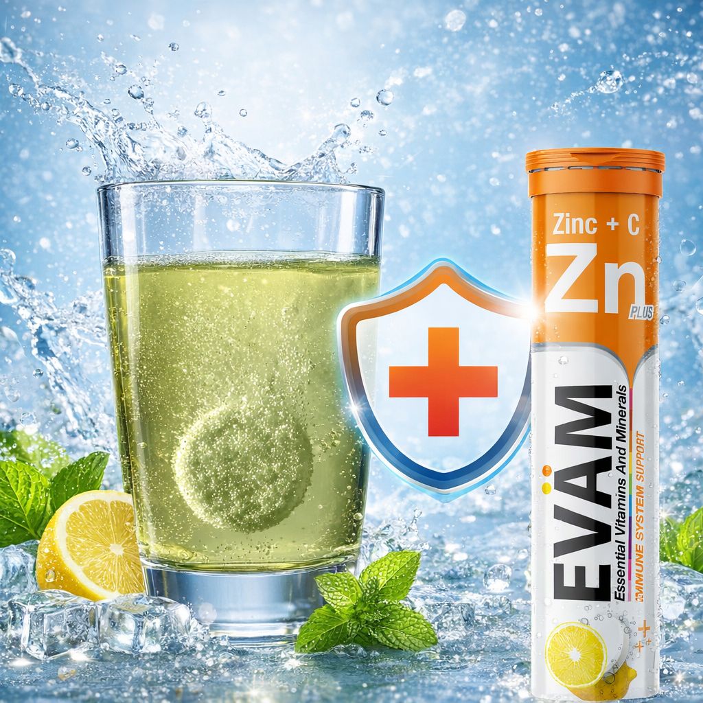 Glas Wasser mit aufgelöster EVÄM Vitamin C + Zink Brausetablette. Schutzschild-Symbol. Zitrone und Eiswürfel.