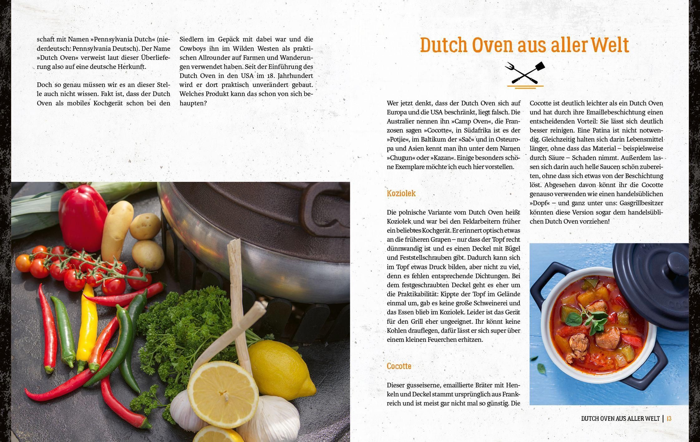 Buchseite mit Text und Fotos. Thema: Dutch Oven. Zutaten wie Gemüse und ein Topf. Text in Deutsch.