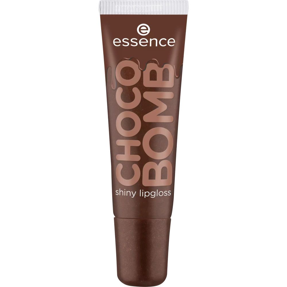 Essence Choco Bomb Shiny Lipgloss in brauner Tube mit silbernem Deckel.
