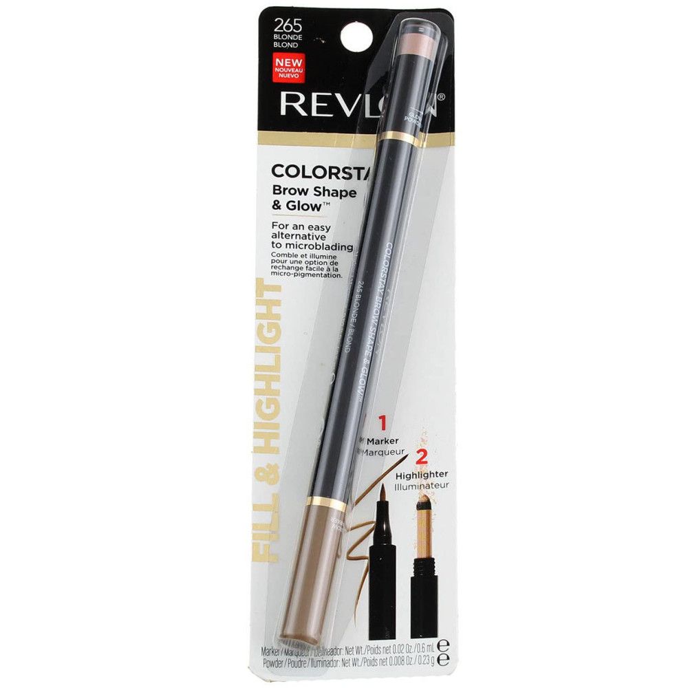 Revlon ColorStay Brow Shape & Glow Augenbrauenstift in Verpackung. Blonde Farbton. Doppelstift mit Highlighter.