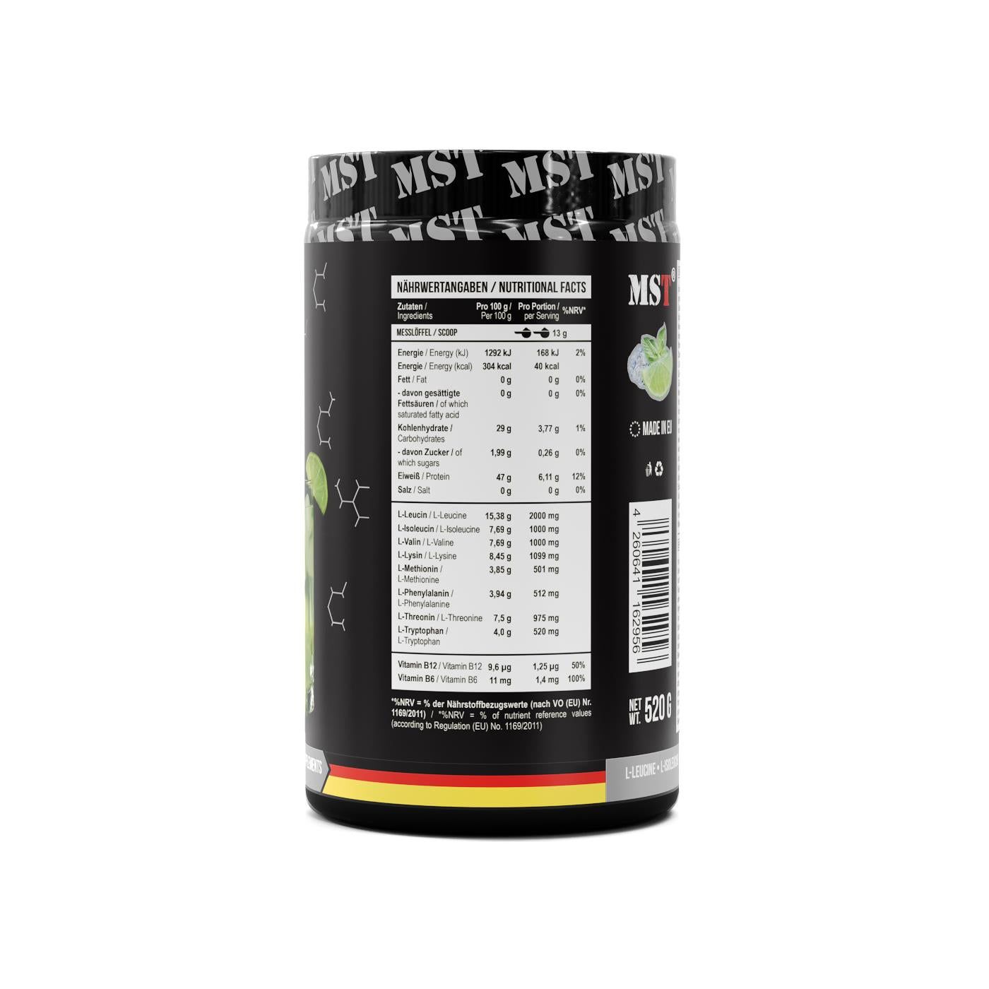 Schwarzer Behälter mit Nährwertangaben und Aminosäureprofil für MST BCAA & EAA, mit deutschen und italienischen Flaggen.