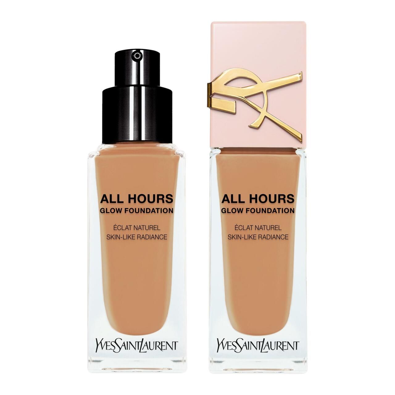 Zwei Flakons Foundation. Quadratische Glasflaschen mit schwarzem Pumpverschluss und rosafarbenem Deckel. Text: ALL HOURS GLOW FOUNDATION, YVES SAINT LAURENT.
