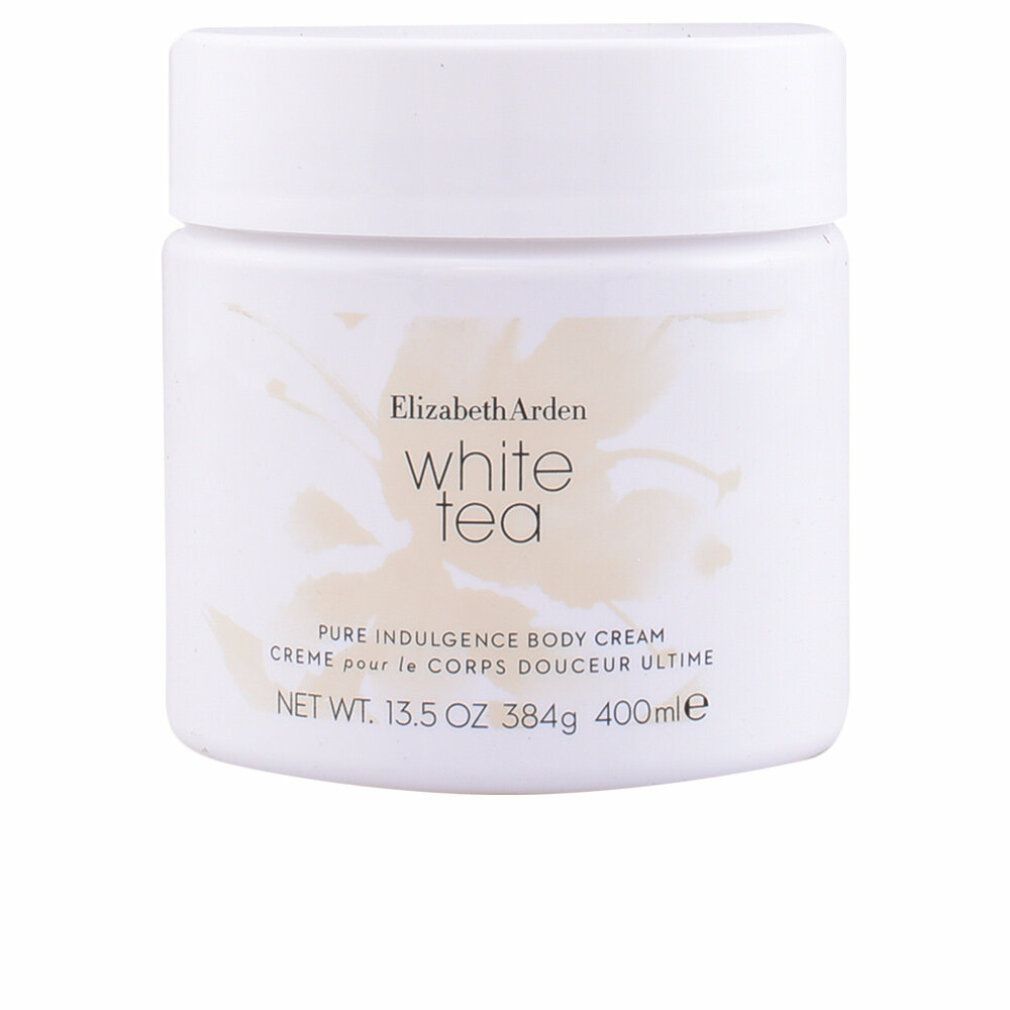 Weißer Tiegel mit Deckel. Aufschrift: Elizabeth Arden White Tea Pure Indulgence Body Cream. 13.5 OZ 384g 400ml.