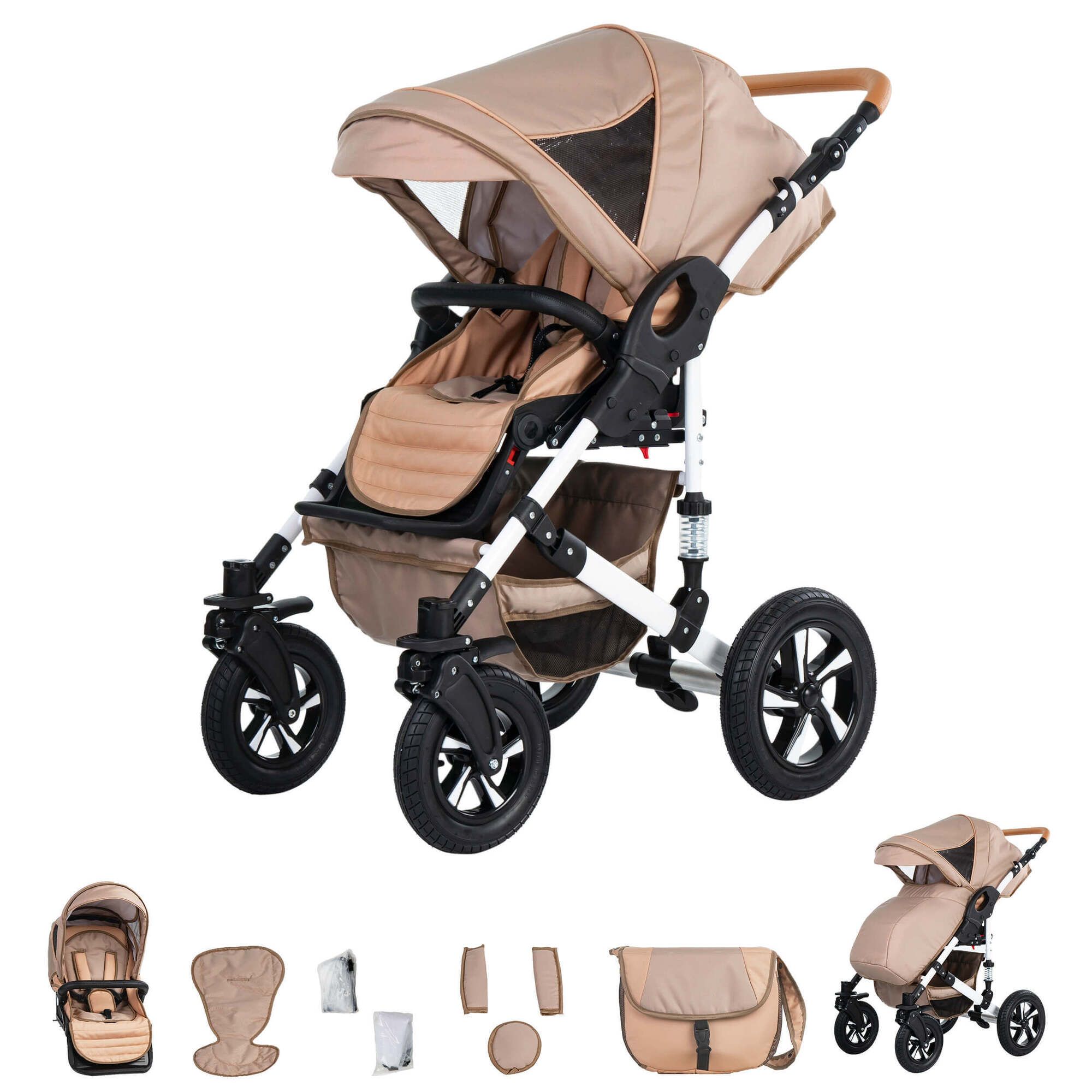 Beige Kinderwagen mit weißem Gestell. Enthält Sportsitz, Zubehör und eine separate Tragetasche.