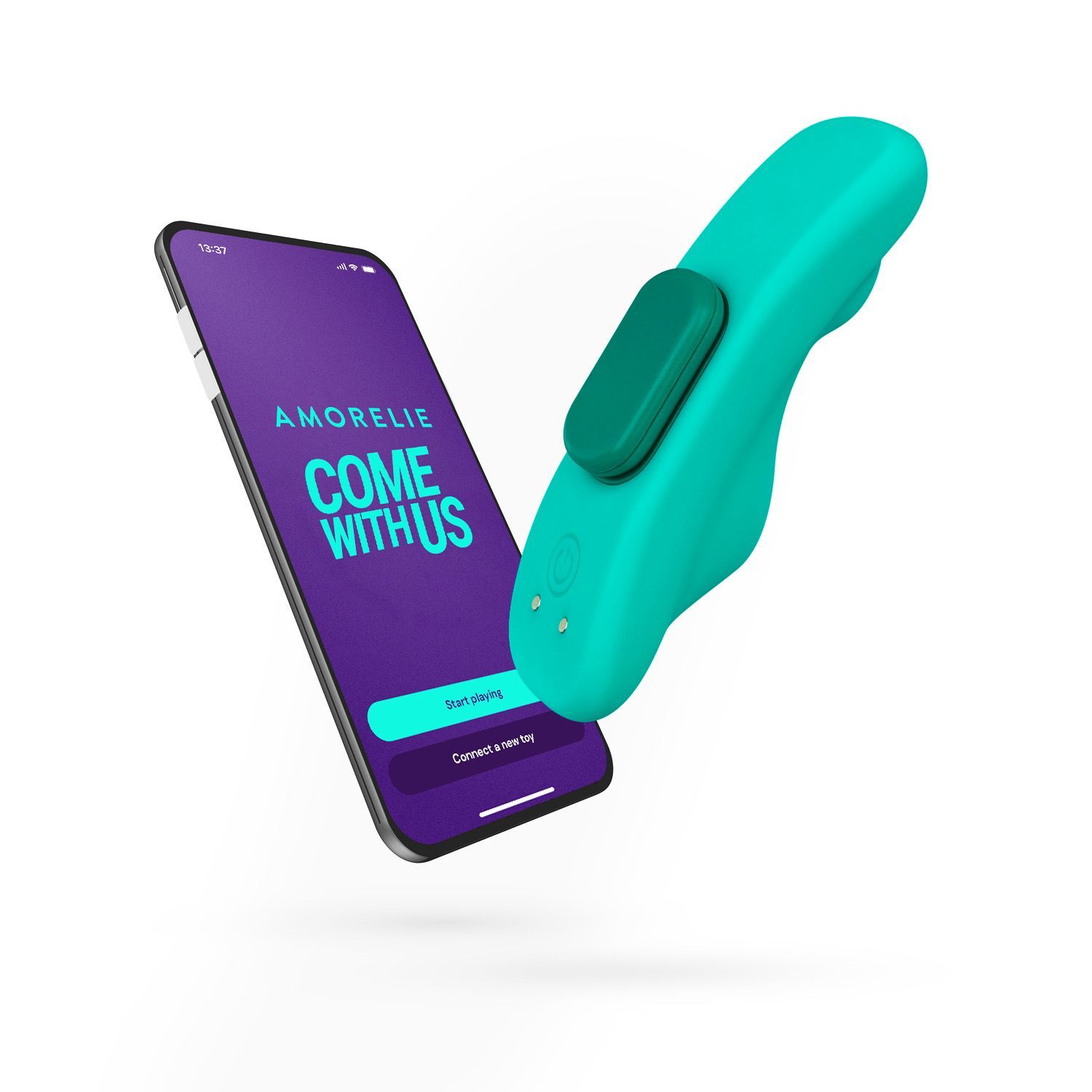 Türkisfarbenes Wellness-Produkt mit grünem Knopf und Smartphone mit AMORELIE-App-Logo. Text: COME WITH US.