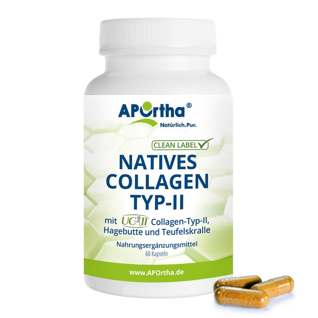 Weiße Flasche mit Kapseln daneben. Aufschrift: Natives Collagen Typ-II, Hagebutte und Teufelskralle. 60 Kapseln.