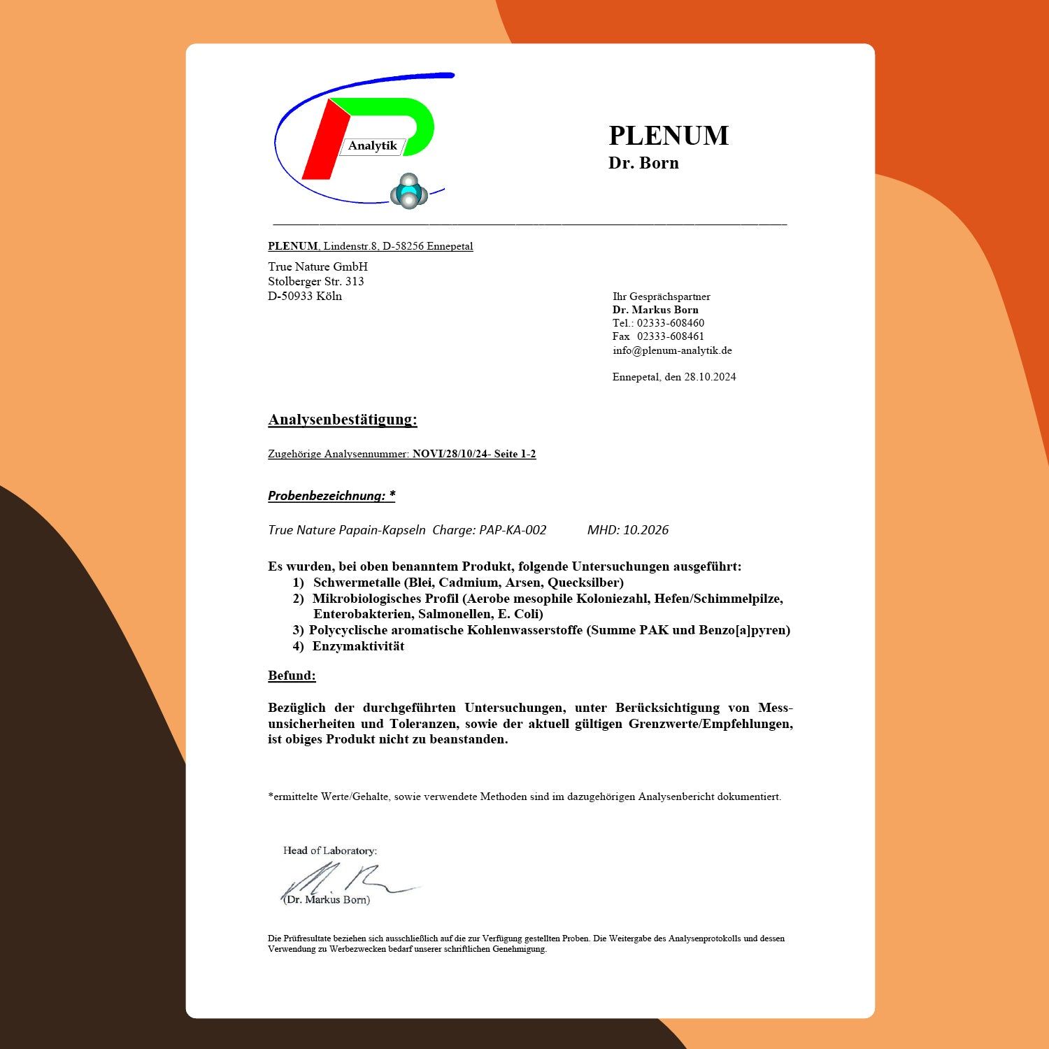 Laborbericht. Text: True Nature Papain-Kapseln. Analyseergebnis. Untersucht auf Schwermetalle, mikrobiologisches Profil, etc.