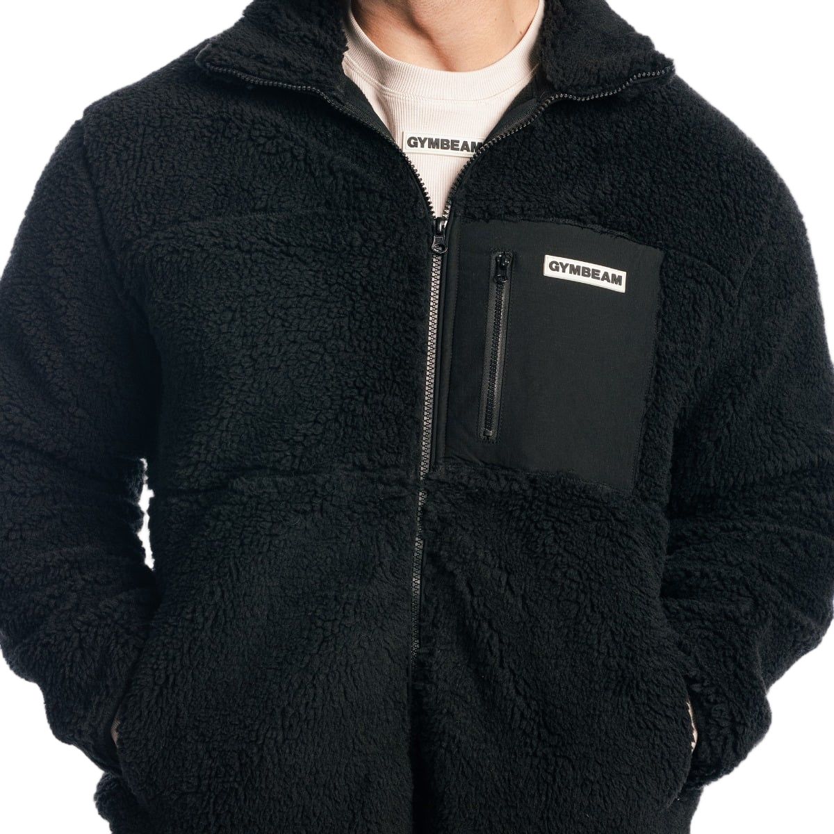 GymBeam Jacke Herren Sherpa oversized aus Polyester mit Reißverschluss Schwarz