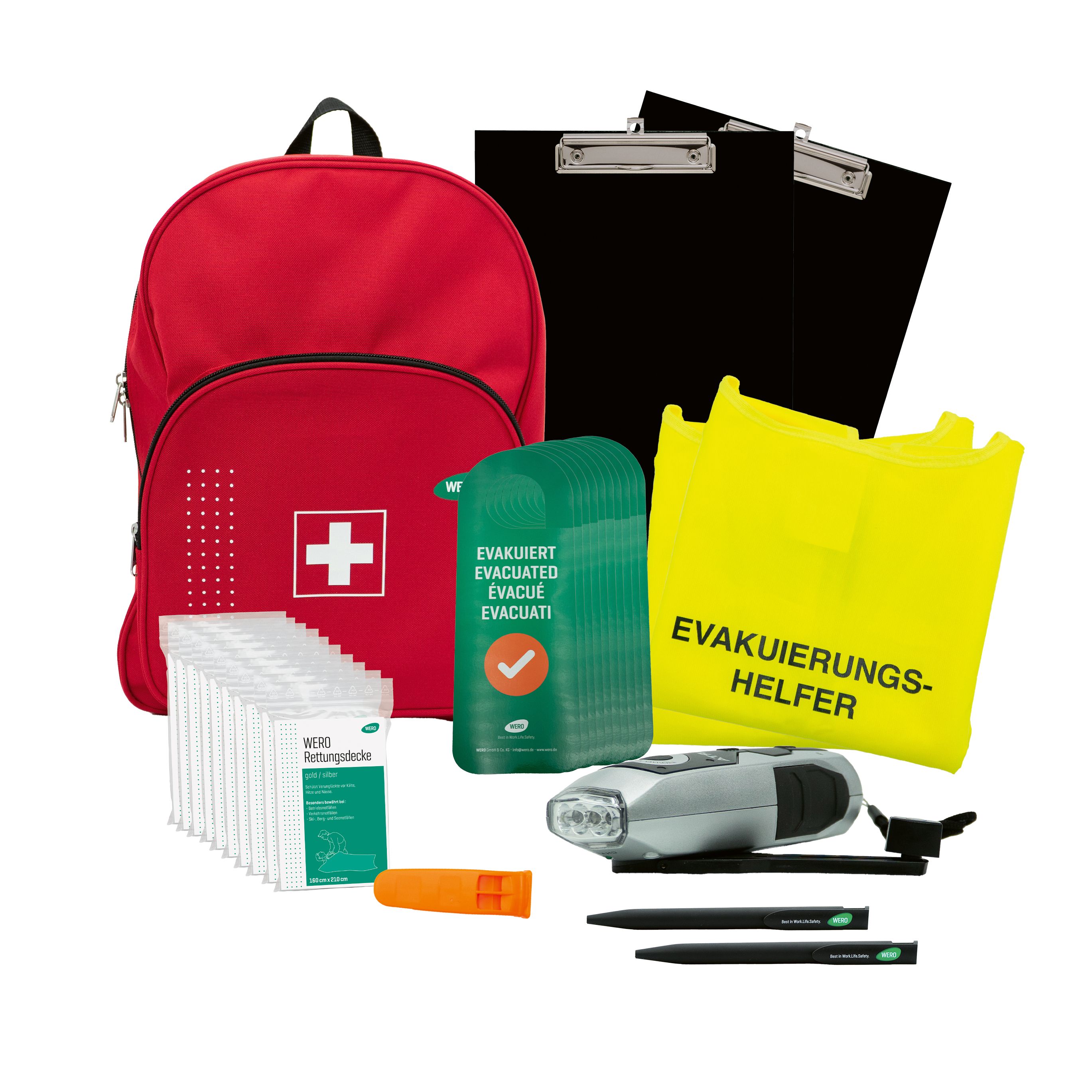 Roter Rucksack mit weißem Kreuz, grüne und gelbe Taschen, Notfallausrüstung, Stifte, Pfeife und Taschenlampen.