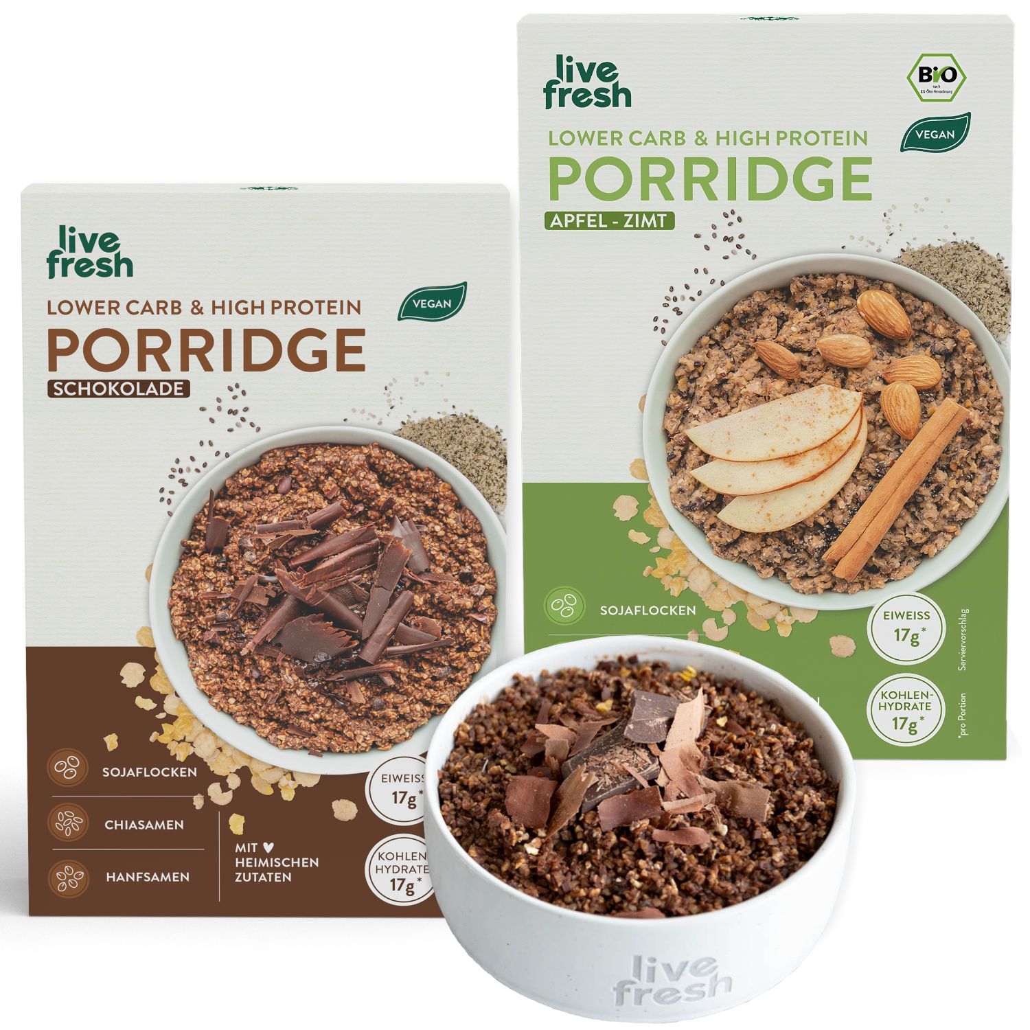 Zwei Porridge-Packungen und eine Schüssel mit Schokoladen-Porridge. Aufschrift: LiveFresh, Lower Carb & High Protein Porridge. Bio-Siegel.