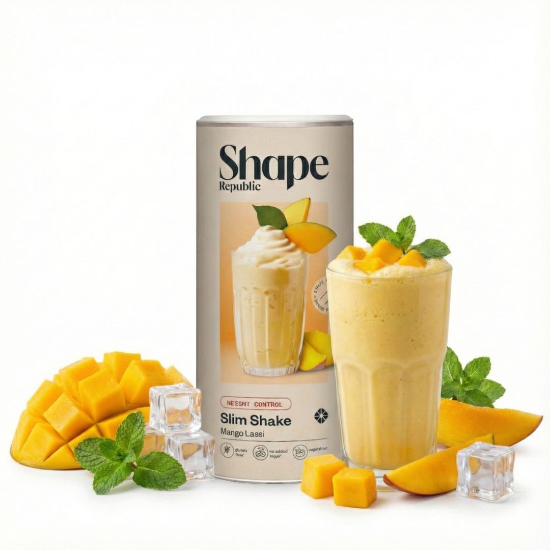 Glas mit gelbem Shake, Mango, Eiswürfel, Minze. Dose Shape Republic Slim Shake Mango Lassi. Text: Weight Control.