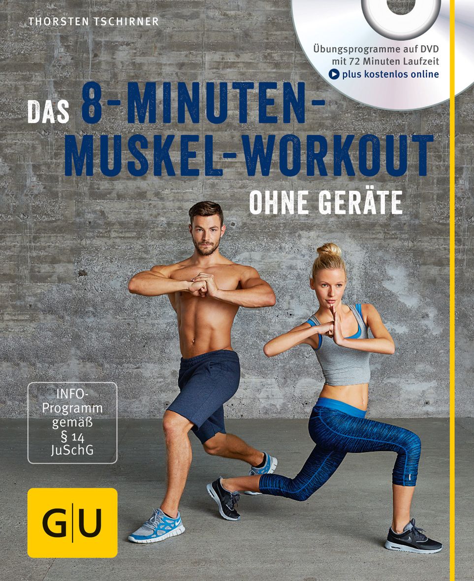 Buchcover mit Titel: Das 8-Minuten-Muskel-Workout ohne Geräte. Abgebildet sind zwei Personen bei Fitnessübungen. Mit DVD.