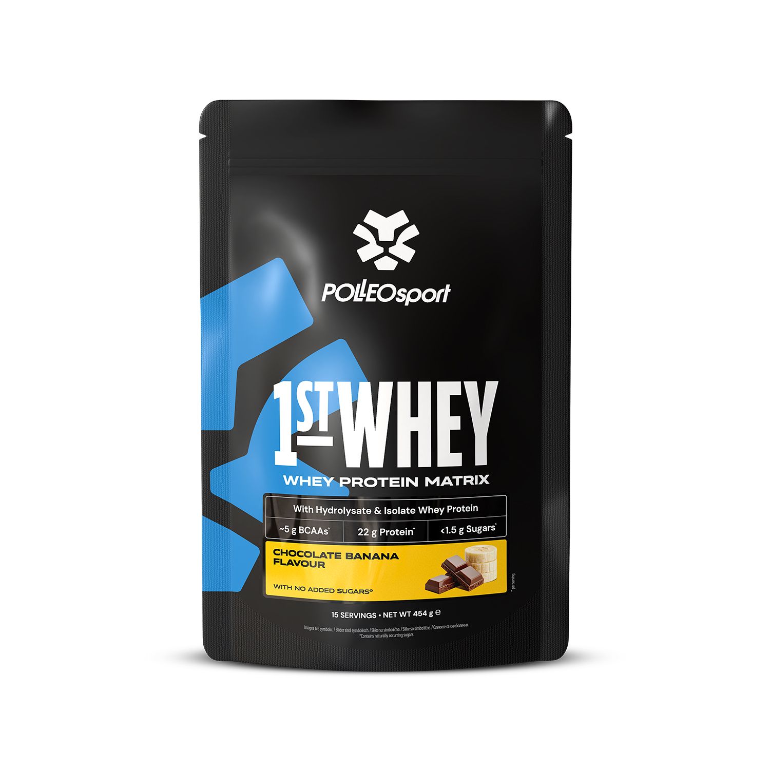 Schwarze Verpackung mit Aufschrift 1ST:WHEY. Enthält Whey Protein Matrix. Geschmack: Chocolate Banana. Mit 15 Portionen.
