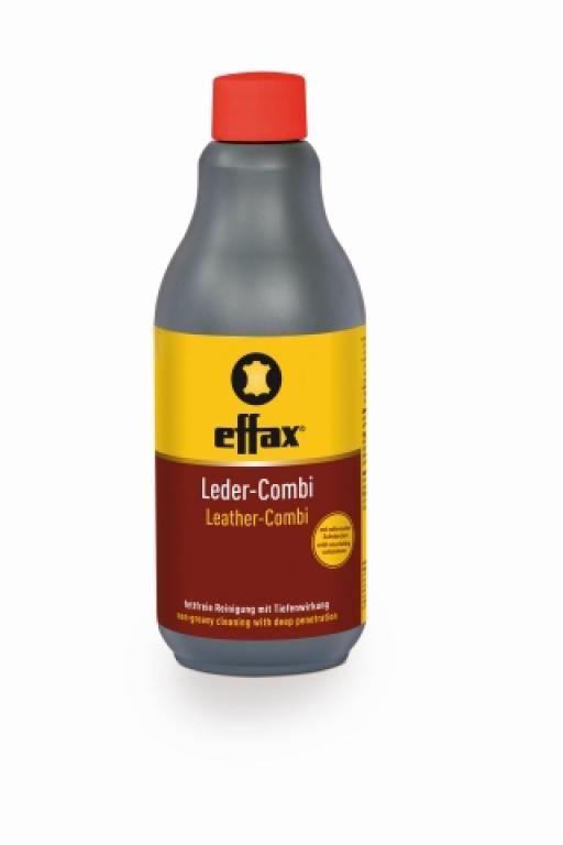 Graue Flasche mit rotem Deckel. Gelbes Etikett mit Logo und Schriftzug "effax Leder-Combi".