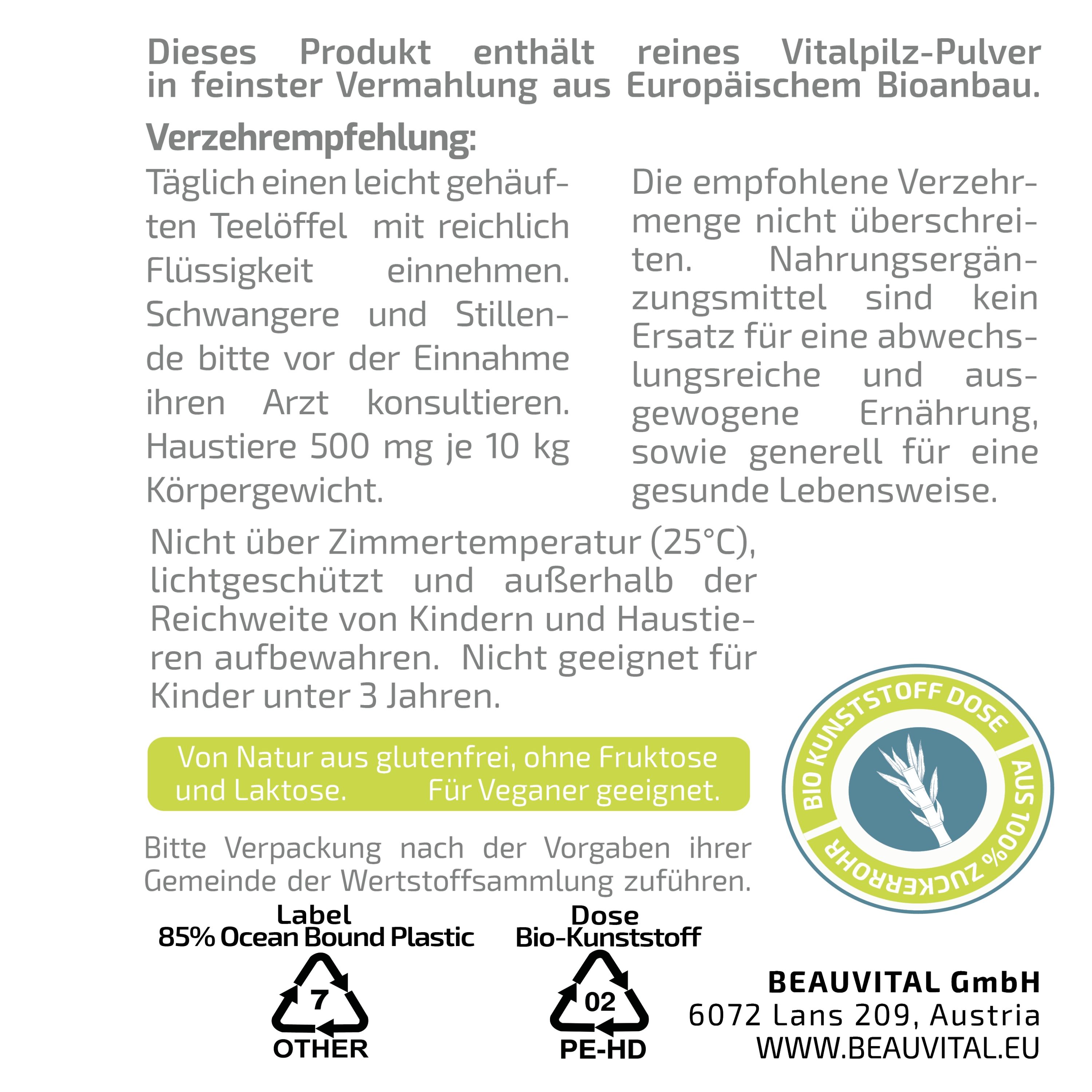 BEAUVITAL® Pure Bio Blend Active 50plus Vitalpilze Cordyceps Reishi Shiitake Agaricus Hericium Mait.