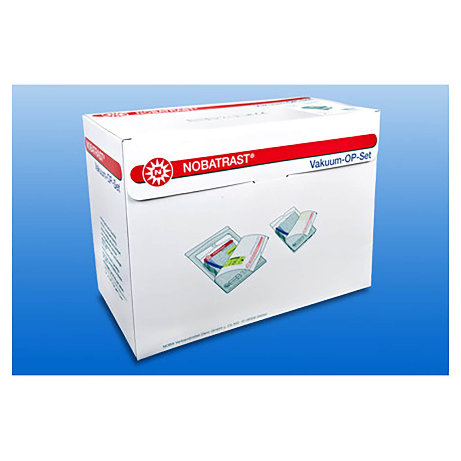 Weiße Box mit NOBATRAST-Logo und Vakuum-OP-Set-Aufdruck. Abbildung des Inhalts. Blaue Hintergrund.