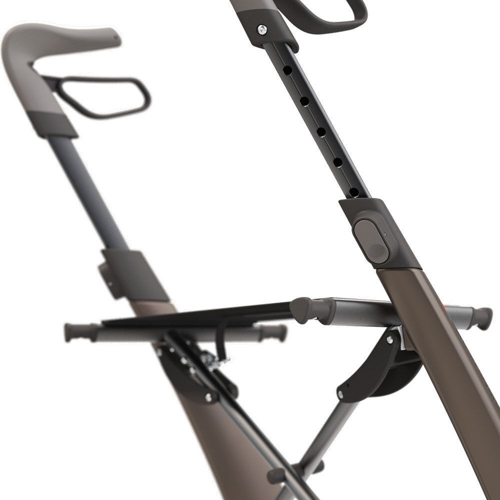 Rollator, Detailansicht. Grauer Griff, schwarzer Sitz. Höhenverstellbar. Metallrahmen.