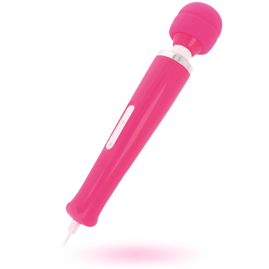 Rosa Massagestab mit rundem Kopf. Der Stab hat einen Knopf und ein Kabel.