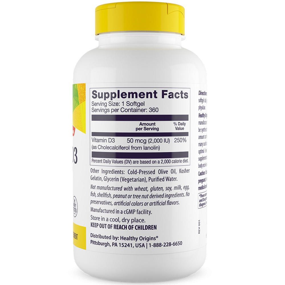 Rückseite der Flasche. Nährwertangaben: Vitamin D3, 50 mcg (2.000 IU). Zutatenliste und Herstellerinformationen.