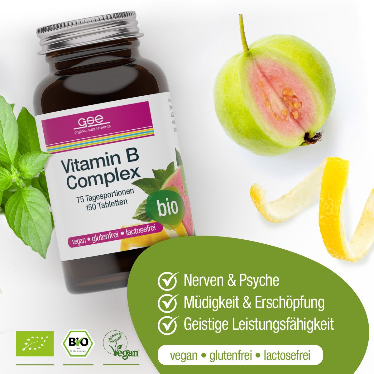 Braune Glasflasche GSE Vitamin B Complex, Guave, Zitrone, Blätter. 150 Tabletten, bio, vegan, glutenfrei, laktosefrei.
