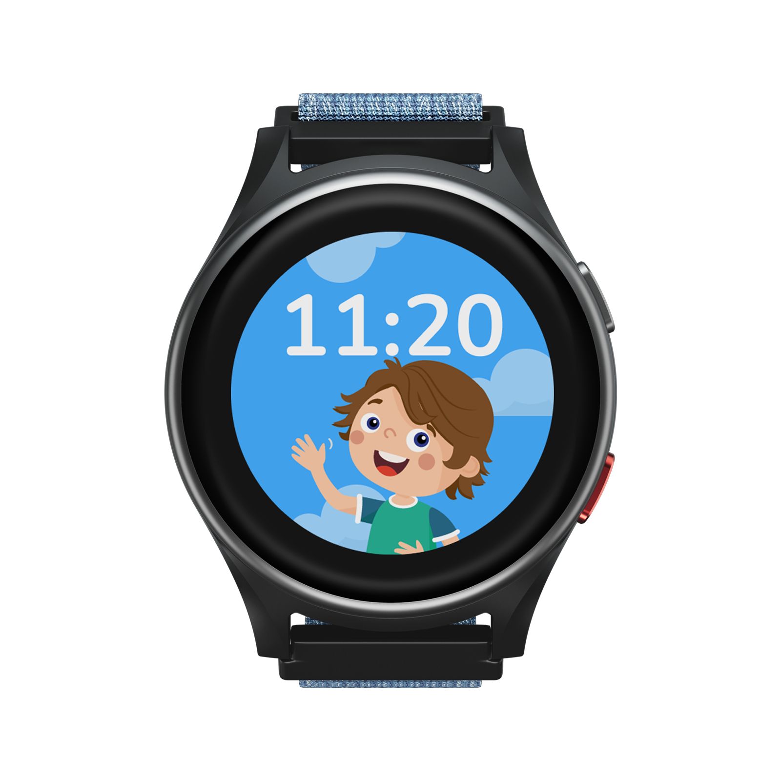 Schwarze Smartwatch mit blauem Armband. Auf dem Display: Uhrzeit 11:20 und ein lächelnder Cartoon-Junge. Roter Knopf.