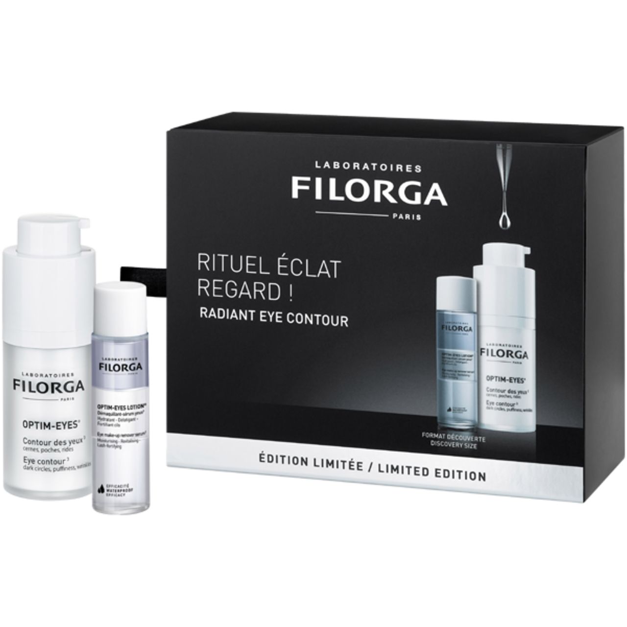 Filorga Optim-Eyes Routine Set. Schwarze Verpackung mit drei Produkten. Aufschrift: Filorga, Optim-Eyes, Rituel Éclat Regard, Limited Edition.